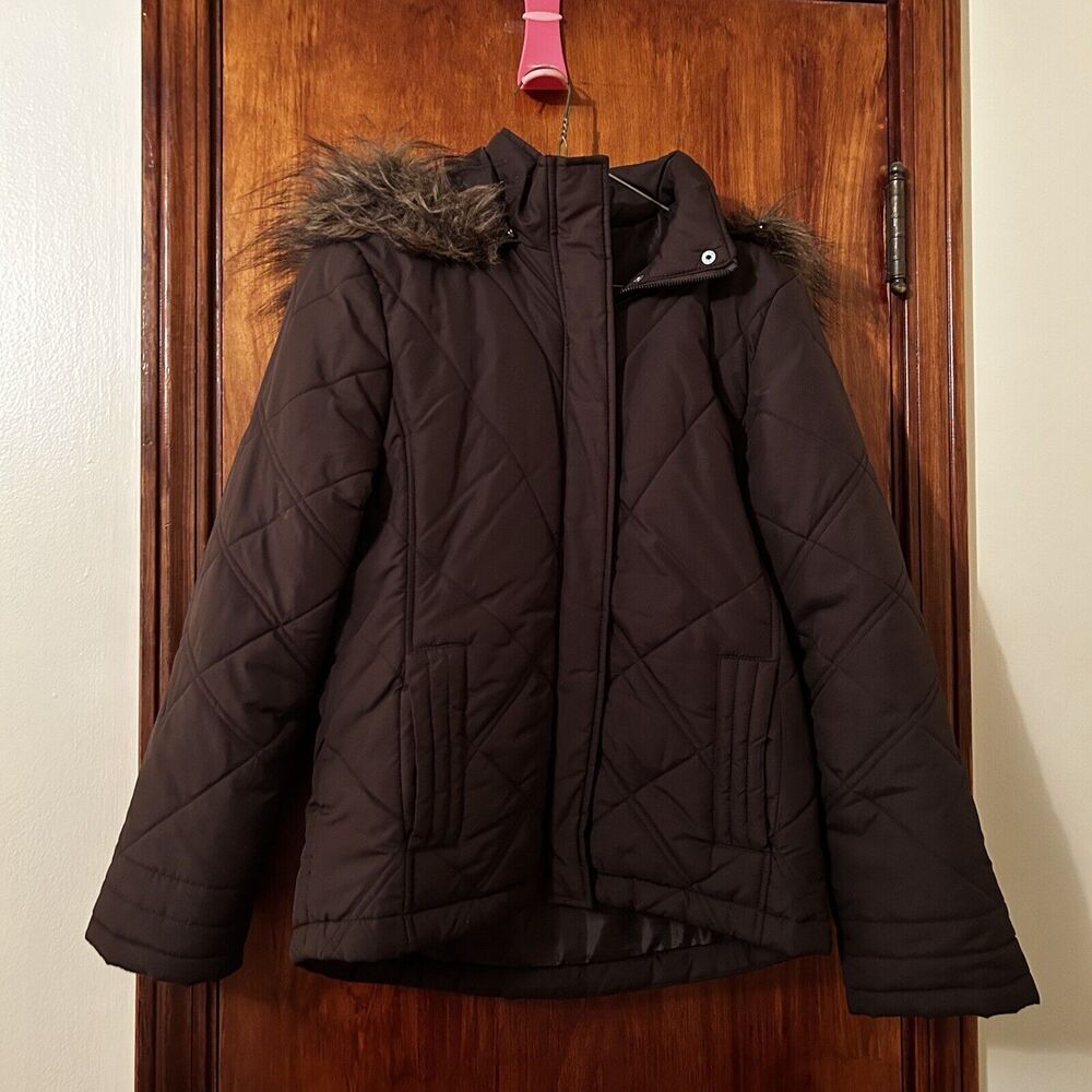G.H. Bass Coat Chocolate Brown Winter Puffer Jacket Faux Fur Hood Women's Small